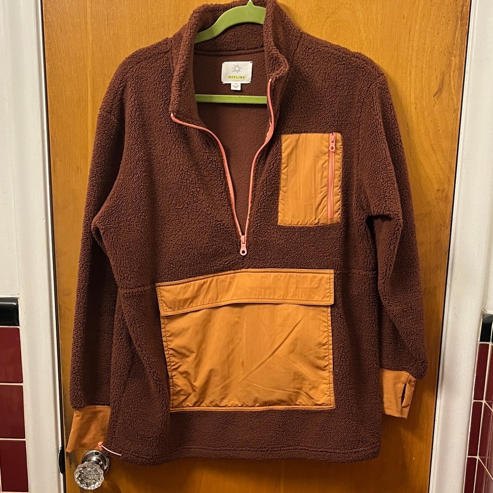 Aerie Brown and Orange Plush Half Zip Sweater - Picture 2 of 7